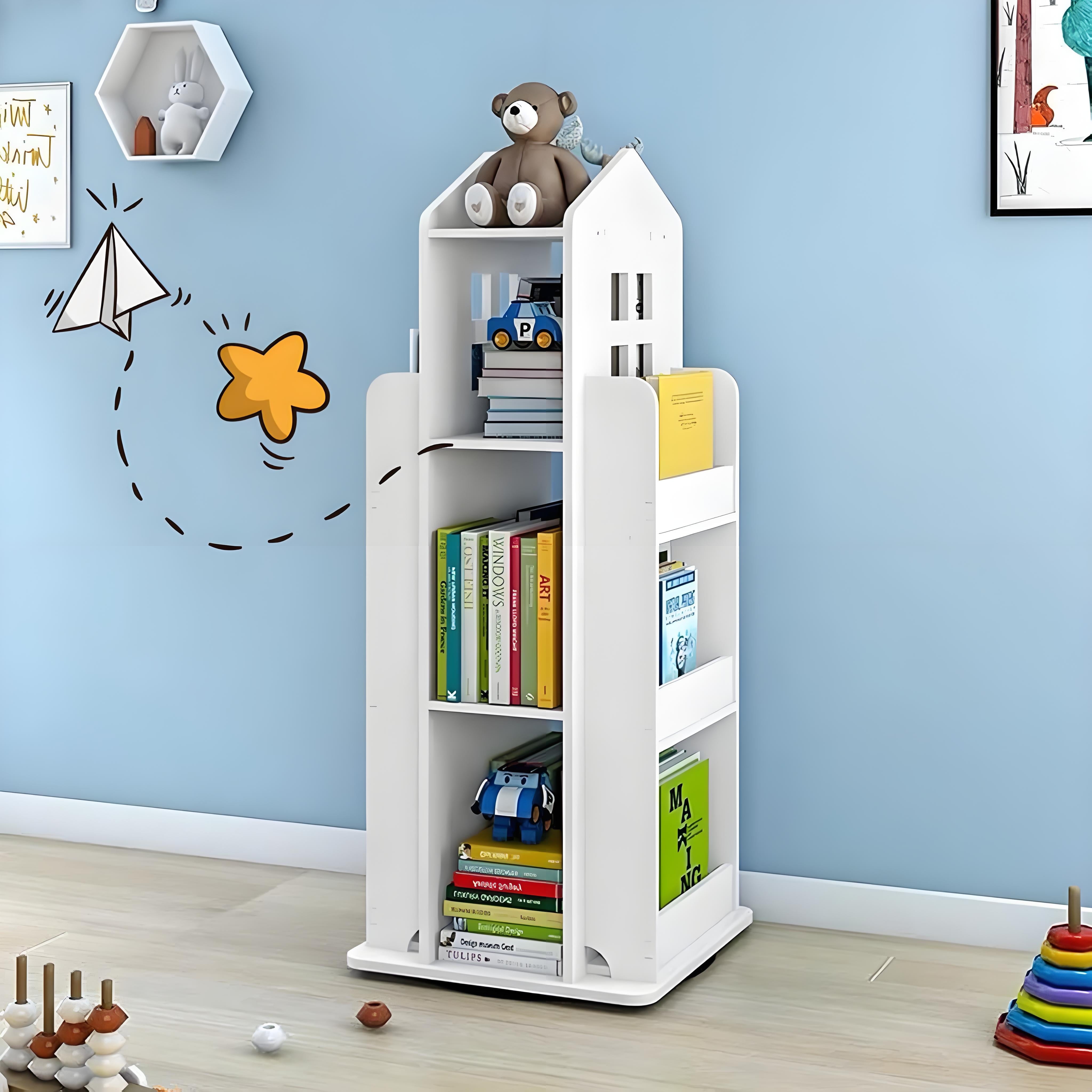 Gtouse 3 Tier Rotating Bookshelf, 360° Display Corner Bookshelf, Wooden Floor Standing Bookcase