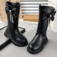 thumbnail image 6 of Owordtank Girls Leather Bows Knee Hight Boots with Side Zipper Chain Comfortable Round Toe Non-Slip Lug Sole Chunky Heel Riding Boots, 6 of 8