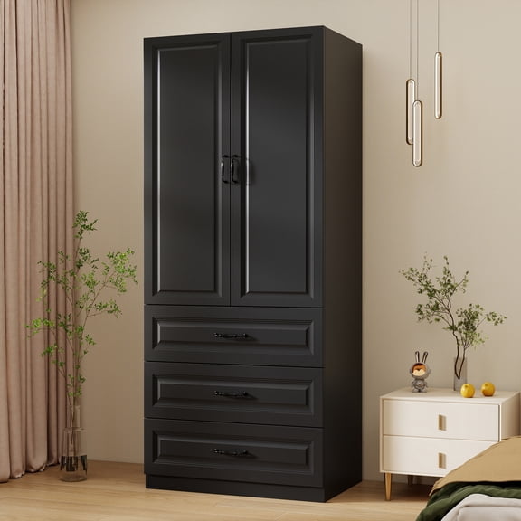 Wooden Clothing Armoire with 2 Doors and 3 Drawers, Wardrobe Cabinet with Hanging Rod, Modern Armoire Wardrobe Closet for Bedroom