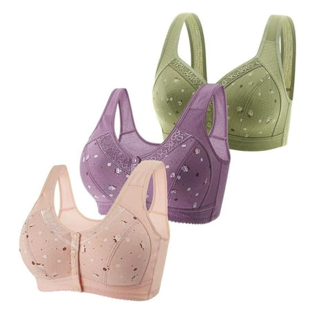 DondPO Bras for Women 3 Pack Bras For Older Women 2024 Front Close Button Cotton Bras Comfortable Full Support Wide Back No Underwire Bras Push Up Bra Plus Size Bras for Women Clearance Beige 40