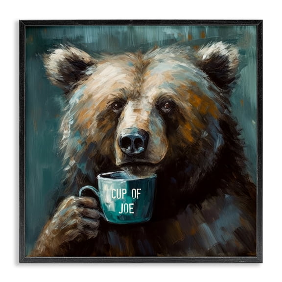 Stupell Industries Farmhouse Bear with Cup Of Joe Black Framed Giclee Art, 12 x 12, by Tina LeCour