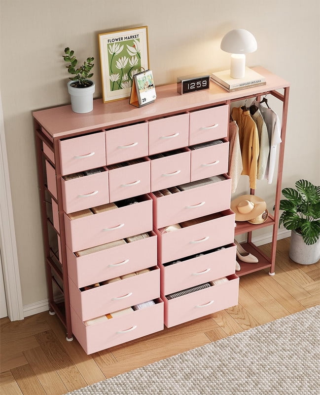 TROPOW Tall Dresser for Bedroom with 16 Drawers & Clothes Rack & 2 Storage Shelves, Fabric Dressers & Chests of Drawers, Large Closet Dresser for Storage and Organization
