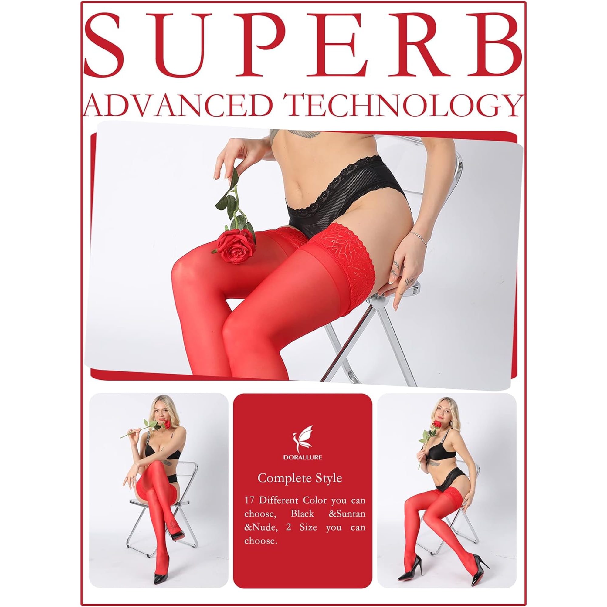 DORALLURE Thigh High Stockings - Sheer, Stay-Up Silicone Band, 20 Denier, 1-3 Pairs