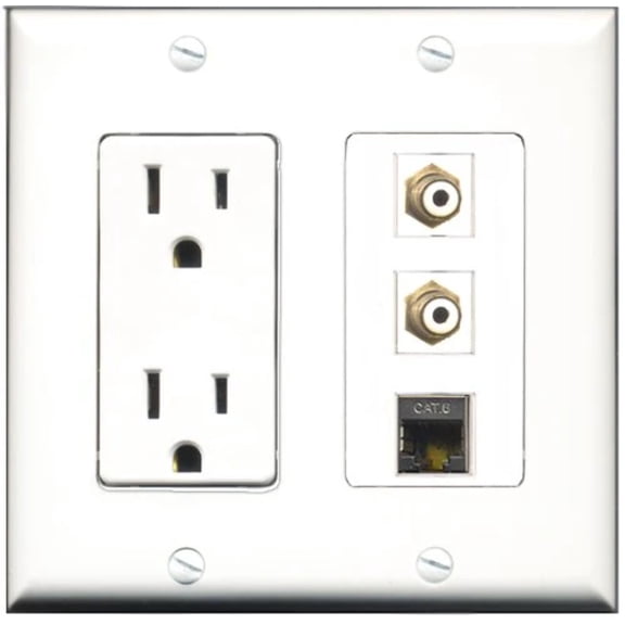 RiteAV - 15 Amp Power Outlet 2 Port RCA White 1 Port Shielded Cat6 Ethernet Ethernet Decorative Wall Plate
