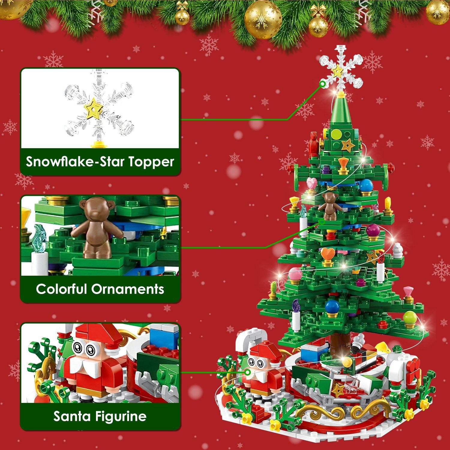 Christmas Tree Building Set, 701 Plastic Pieces, 24-Day Countdown Calendar, 30 USB LED Warm Lights, Santa, Ornaments, Snowflake Topper, Educational Toy for Kids 3-6, Festive Tabletop Decor