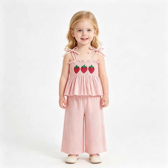 AceBaby Kids Toddler Girl Summer Outfits 6M-6T Embroidery Smocked Cami Tops and Elastic Waist Long Pants 2Pcs Spring Clothes Set