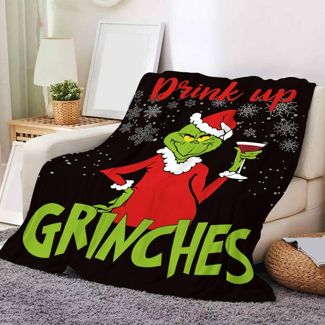 Manta de franela de Grinch de Año Nuevo: suave y cálida, mantas navideñas mullidas para sofá, cama, aventuras al aire libre, campamentos, comodidad en el automóvil, liquidación de decoraciones navideñ