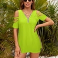 thumbnail image 3 of Solid Color Bright Green Womens Summer V Neck Zipper Top Short Sleeve T Shirt Off Shoulder Top Casual Classy Loose Shirts, 3 of 7