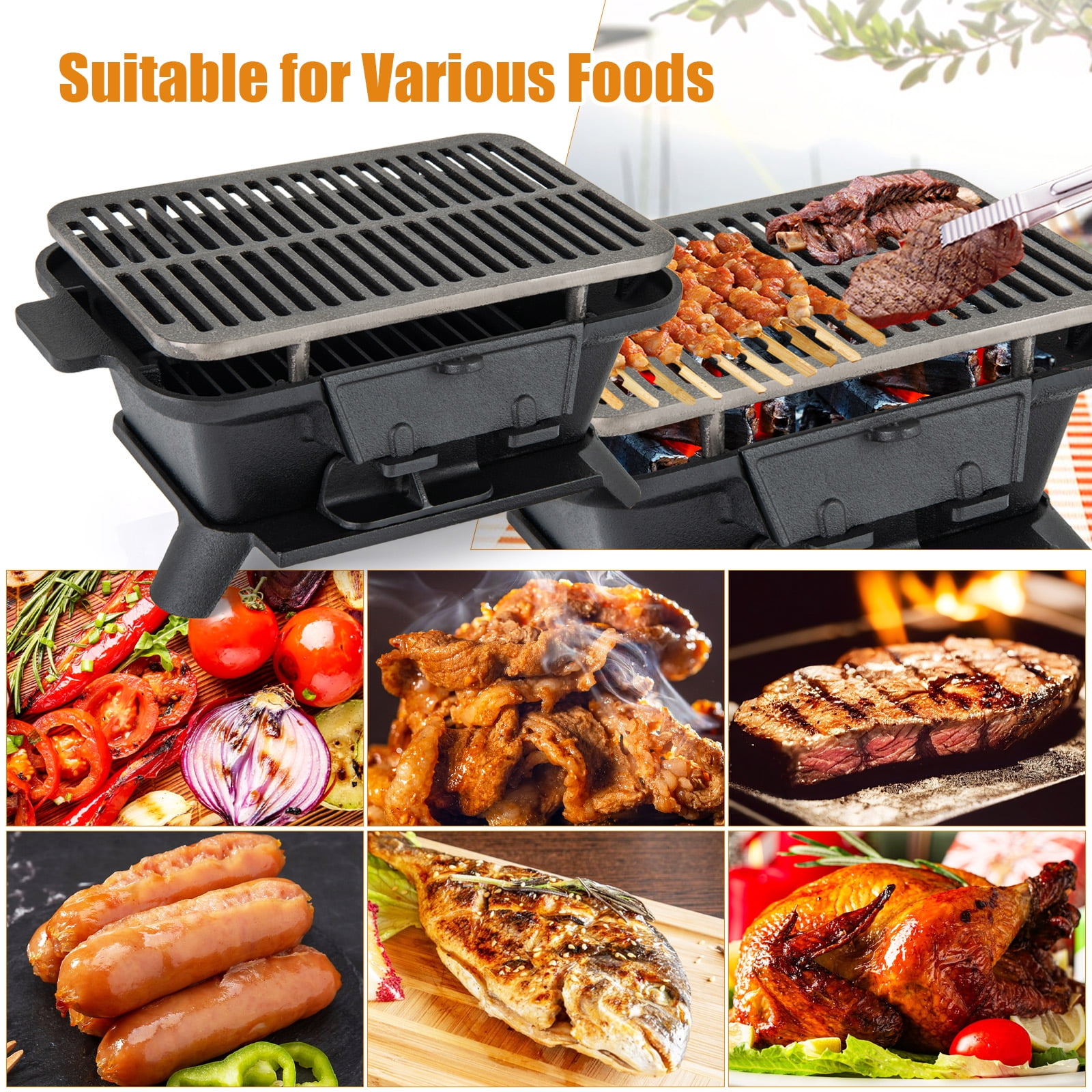 Topbuy Portable Heavy Duty Cast Iron Charcoal Grill Tabletop BBQ Stove with Double-sided Grilling Net for Camping