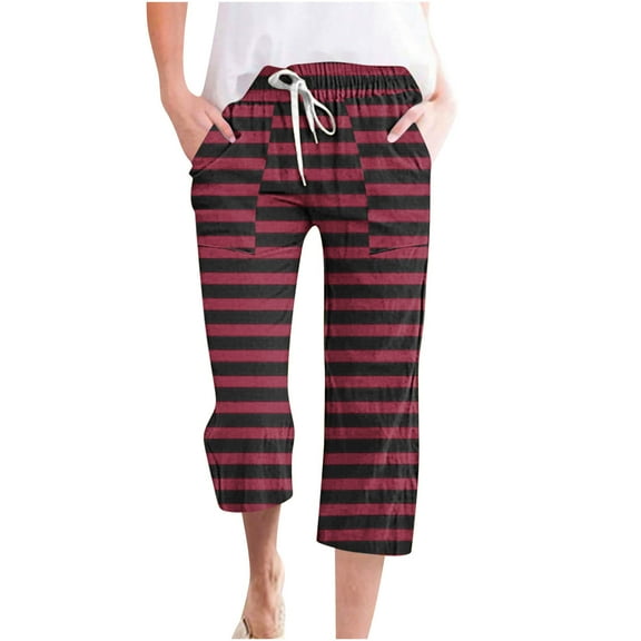 XuJwPNcy Capri Pants for Women Striped Print Drawstring Elastic Waist Capris Summer Casual Straight Leg Pant with Pockets