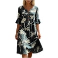 thumbnail image 2 of Dolkfu Short Sleeve Women Clothing Mid-Length Refreshing Black V-Neck Dresses Classic Floral Relaxed Fit Printed Shift Dresses Black,L, 2 of 5