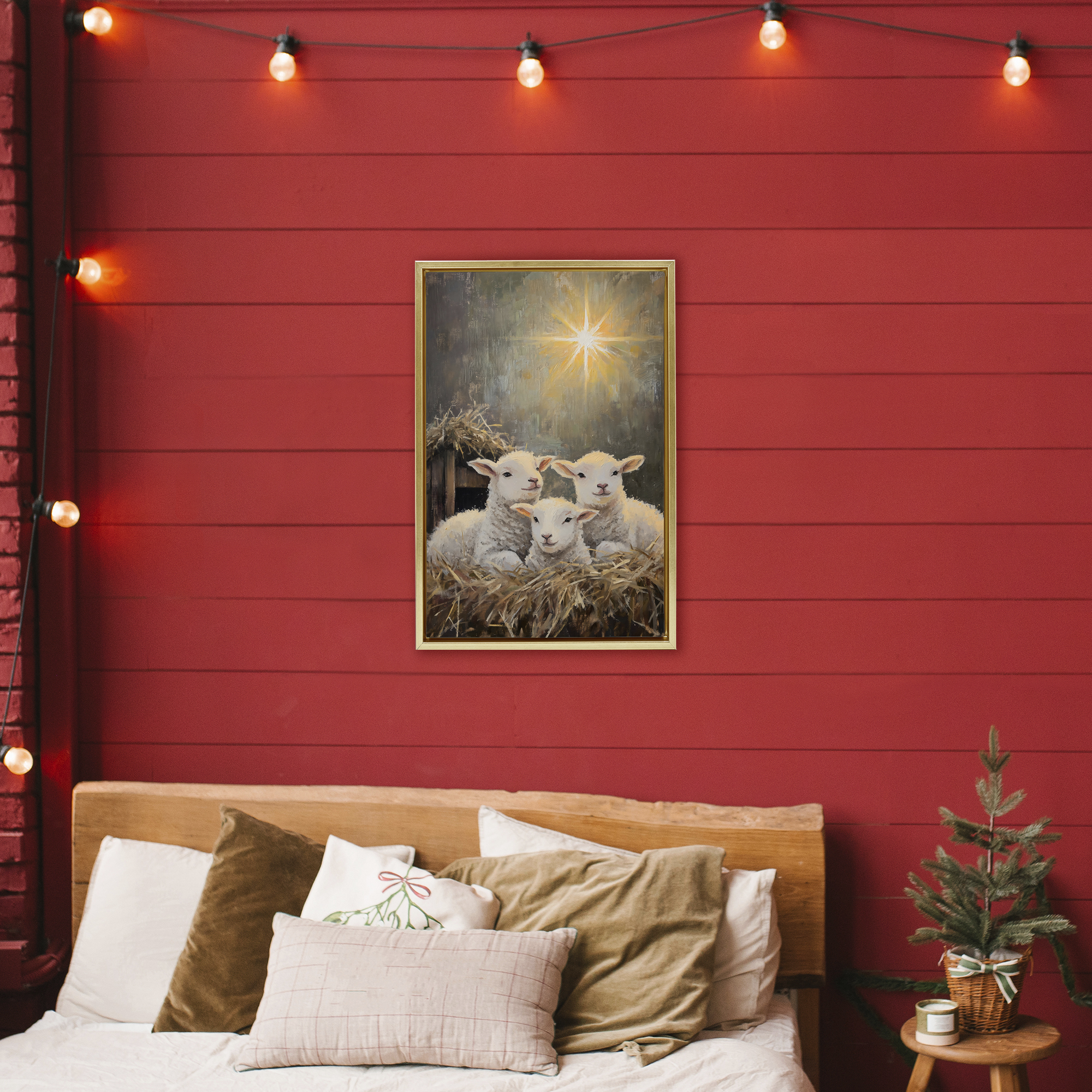 Festive Lambs in Stable Gold Framed Floater Canvas Wall Art, design by Petal Prints Design