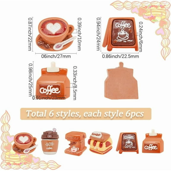 1 Box 36Pcs 6 Styles Coffee Resin Charms Cute Cabochons Flatback Bulk Colorful Sweet Assorted Cafe Charms for Jewelry Making Diy Craft Decorations Scrapbooking Embellishments Hair Clip Women