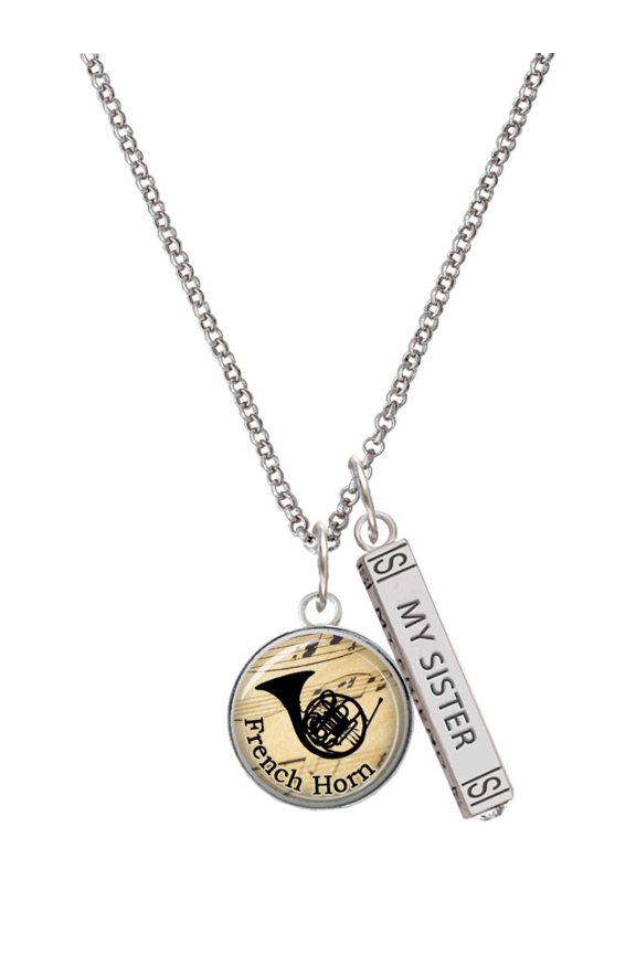 Silvertone Domed Music - French Horn Silvertone Always My Sister Bar Charm Necklace, 23"