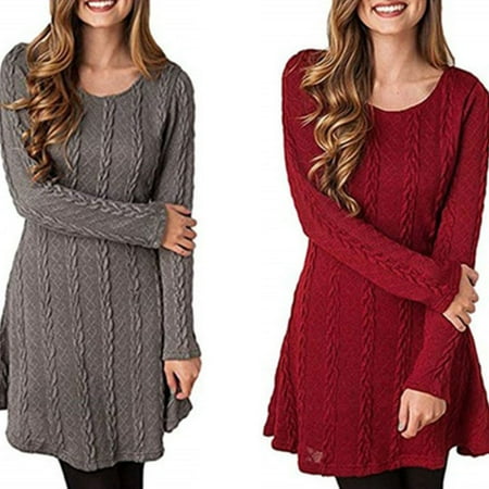 Women Sweater Dresses Tunic Long Sleeve Crewneck Knit Pullover Sweater
