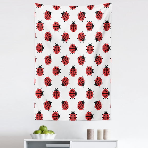 Ladybugs Tapestry, Cross-stitch Insect Model Animal Pixel Art Orderly Repeated Pattern, Fabric Wall Hanging Decor for Bedroom Living Room Dorm, 5 Sizes, White Scarlet and Black, by Ambesonne
