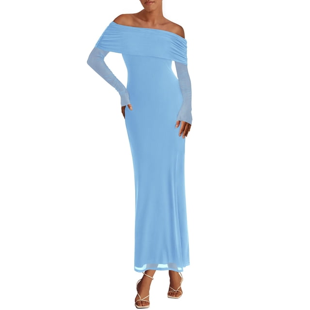 Vestido largo PRETTYGARDEN de malla con hombros descubiertos y manga larga para mujer