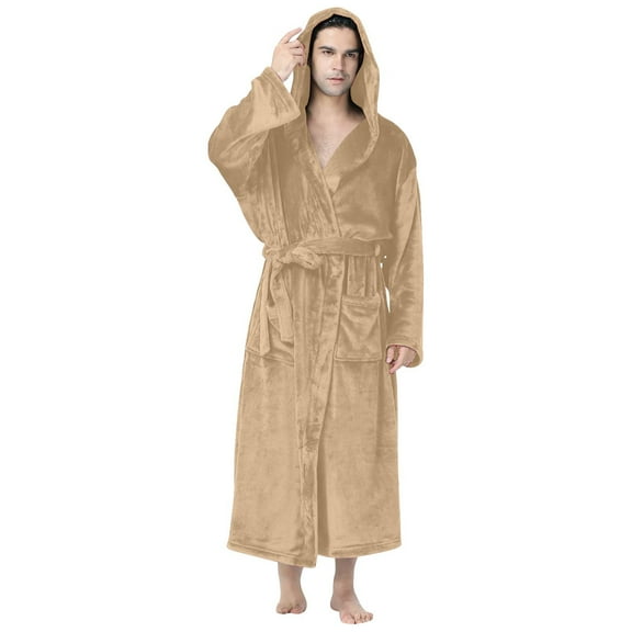UQJfacai Mens Robe Hooded Plush Fleece Terry Cloth Bathrobe Soft Comfy Full Length Absorbent Spa Robes with Pockets