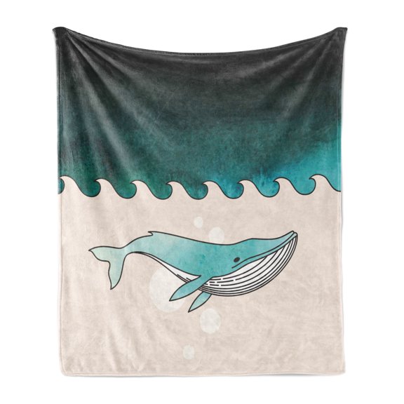 Whale Soft Flannel Fleece Throw Blanket, Fish Swimming in the Ocean Pattern Underwater Submarine Illustration, Cozy Plush for Indoor and Outdoor Use, 60" x 80", Petrol Blue Turquoise, by Ambesonne