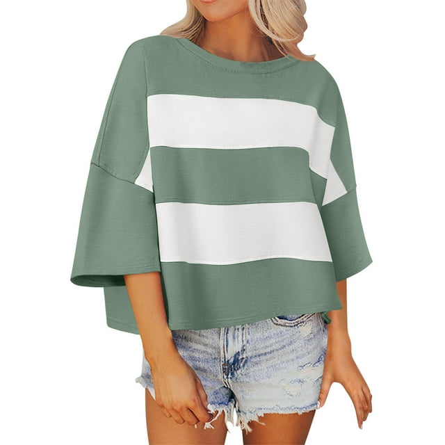 Mujeres de Manga Corta Tops Mitad de Manga Cuello Redondo Túnica, Cubierta Casual Rayas Camisa de Moda