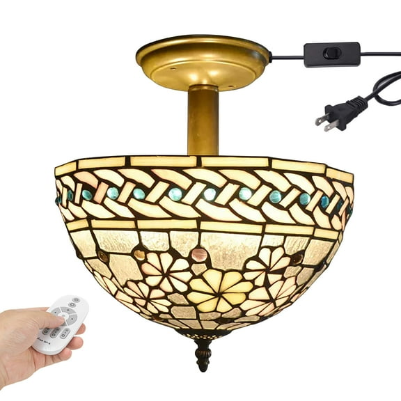 Kiven 11.8in Plug-in Flush Mount Ceiling Light Fixture, 2-Light Anti Glare Close to Ceiling Light with 15FT Cord, Tiffany-Style Glass Chandelier Dimmable for Bedroom Kitchen Hallway(No.3191)
