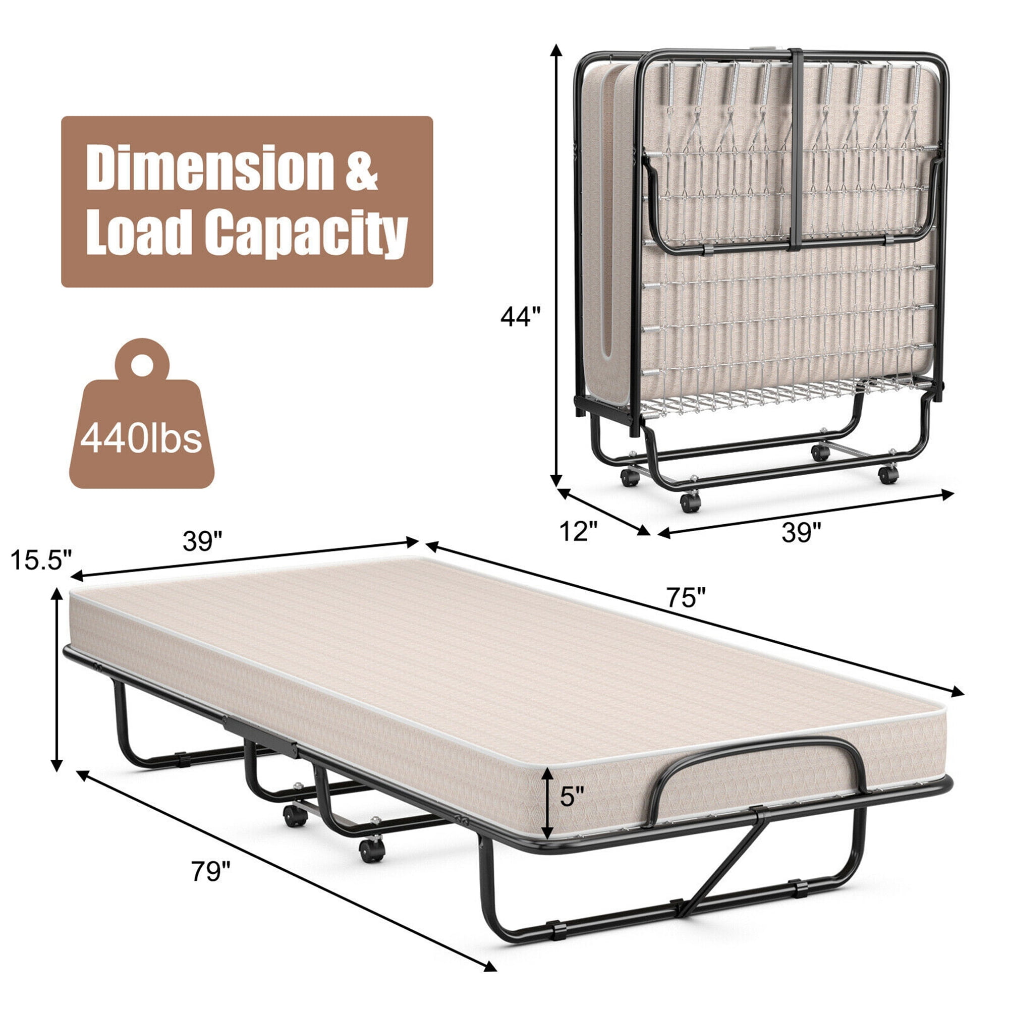 Gymax Folding Bed with Mattress Portable Rollaway Guest Cot Memory Foam Beige