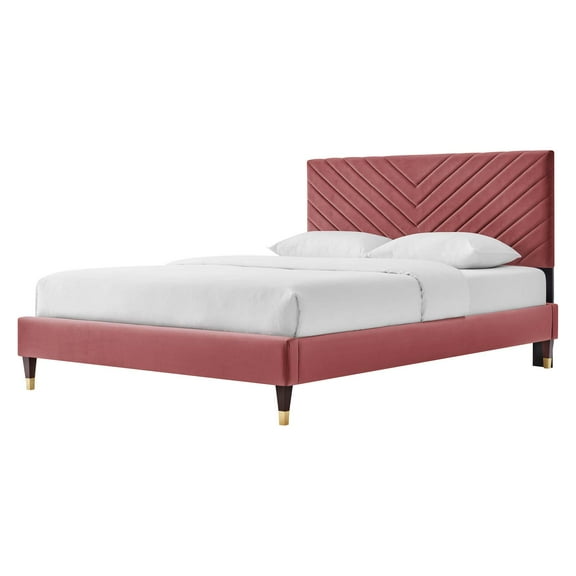 Platform Bed Frame, Queen Size, Pink, Velvet, Modern Contemporary, Bedroom Master Guest Suite Room