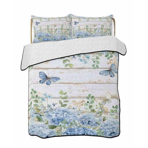 Quilts Full Size Bedding Set, Blue Hydrangea Lightweight Quilted Comforter, Spring Summer Eucalyptus Wooden Soft Reversible Bedspread Coverlet with Pillow Covers for All Season, 78" x 90"