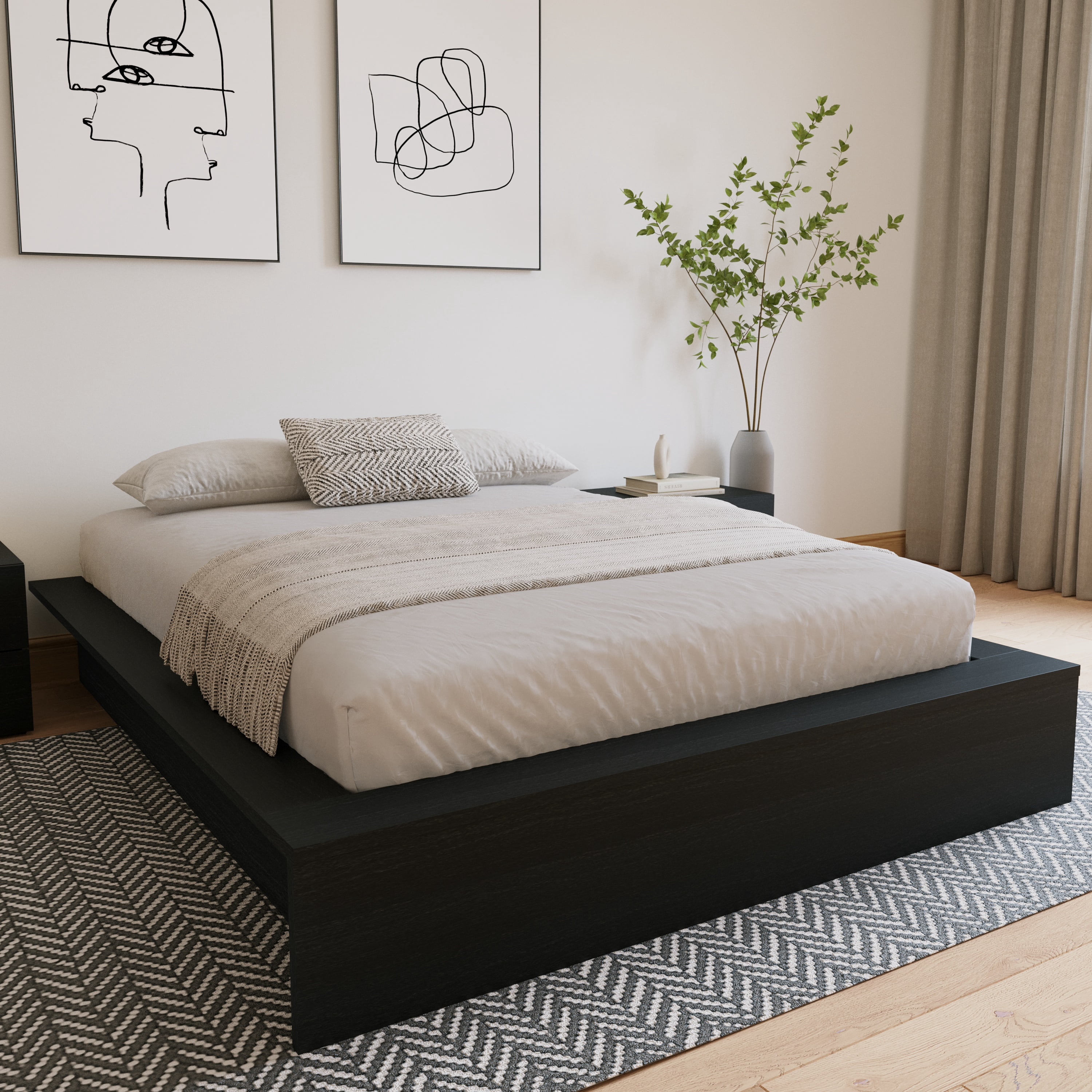 Nexera James Queen Size Platform Wood Bed Frame, Black Oak