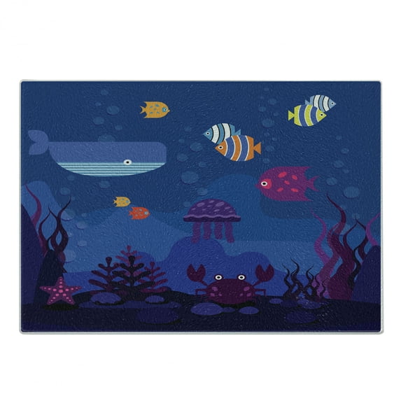Cartoon Cutting Board, Underwater World Fish in Aquarium and Whale Crabs Jellyfish Bubbles Coral, Decorative Tempered Glass Cutting and Serving Board, Small Size, Multicolor and Blue, by Ambesonne