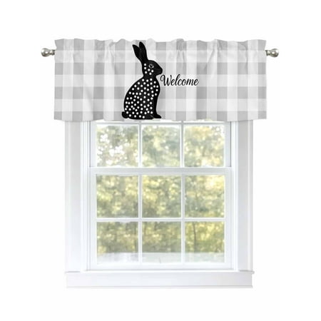 Easter Art Bunny Valances for Windows Rod Pocket Kitchen Valance Curtains - Soft & Washable Small Window Treatment for Living Room Bathroom Gray Check 42x12 Inch 1 Panel