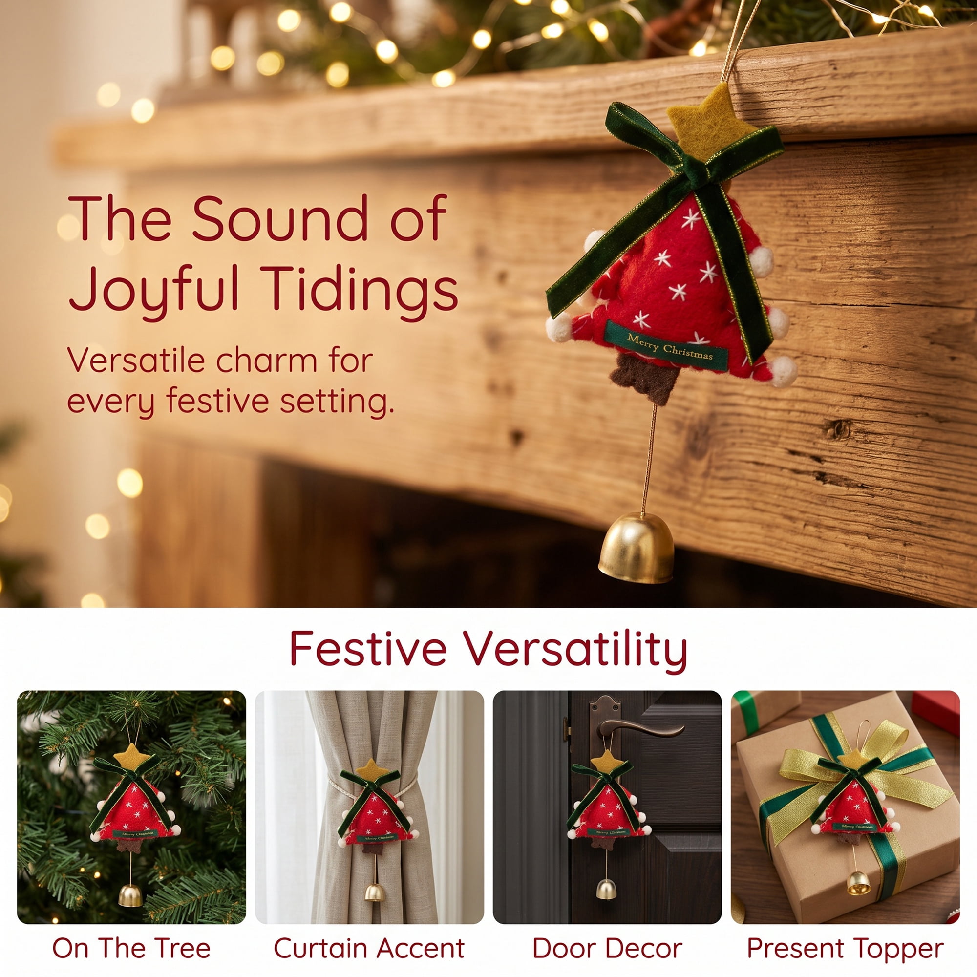 Unique Bargains 2Pcs Protection Velvet Hanging Metal Bells Copper Red Tree Decor 3.5"L x 0.8"W x 6.3"H