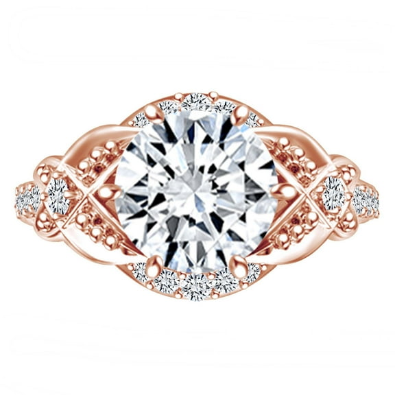 AFFY 2.24 Carat Round Moissanite & Natural Diamond Vintage Style Engagament Ring 14K Solid Gold Rose Gold Ring Size-5