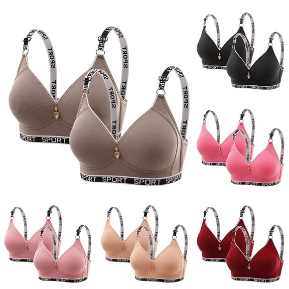 Kilaqueen 2 Pack Push Up Bras for Women Fashion Letter Printed Wireless Bras Moisture Wicking Ribbed Bralette Comfy Breathable Everyday Bras