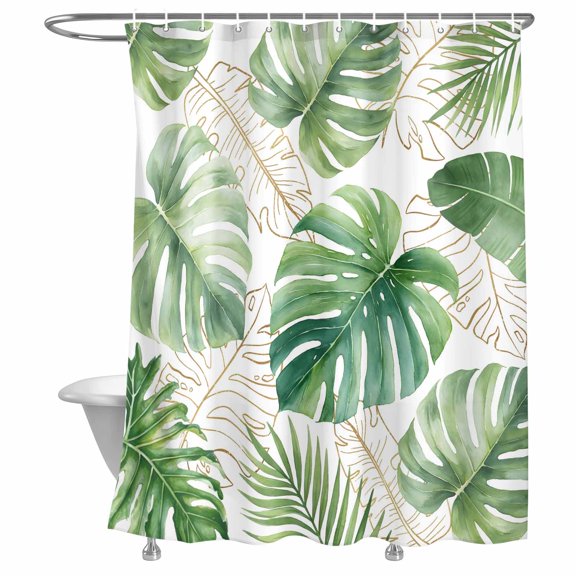 Green Monstera Leaves Shower Curtain, Summer Tropical Botanical Modern Lightweight Waterproof Fabric Shower Curtain with Rustproof Grommets for Bathroom Bathtub 36x78in