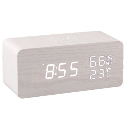 Digital Wooden Alarm Clock with Wireless Charging,Weekday/Weekend Mode, Wood LED Clocks for Bedroom, Bedside, Desk, Kids - White wood