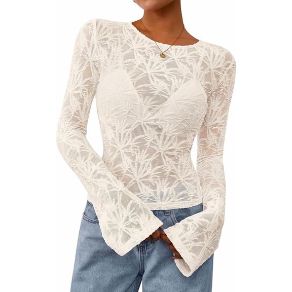 PRETTYGARDEN Womens Lace Long Bell Sleeve Tops Fall Sexy See Through Sheer Floral Blouse Shirt Fitted Going Out Outfits