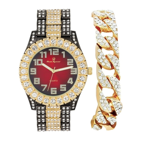 Charles Raymond Mens Big Rocks with Numerals Fully Iced Out Colorful Dial Blinged Out Hip Hop Watch - ST10327ARC Cuban Gun Gold Blood Red