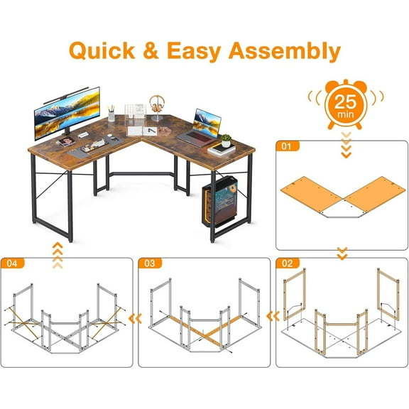 L Shaped Gaming Desk, Corner Gaming Table for Home Office, Computer Desk Sturdy Writing Workstation for Small Space, Easy to Assemble, 51 inch, Rustic Brown
