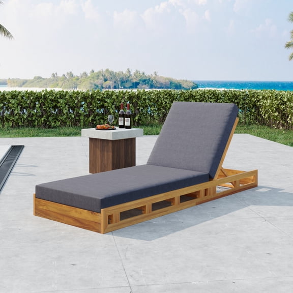 Gearwell Chaise Lounge Set, Acacia Wood Outdoor Patio Lounger with Dark Grey 4 in Water-Resistant Cushion, Sunbed Recliner for Backyard Poolside Deck Garden Seating