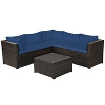 Patiojoy 6 PCS Patio Rattan Furniture Set Outdoor Wicker Conversation Sofa Set w/Tempered Glass Coffee Table Navy