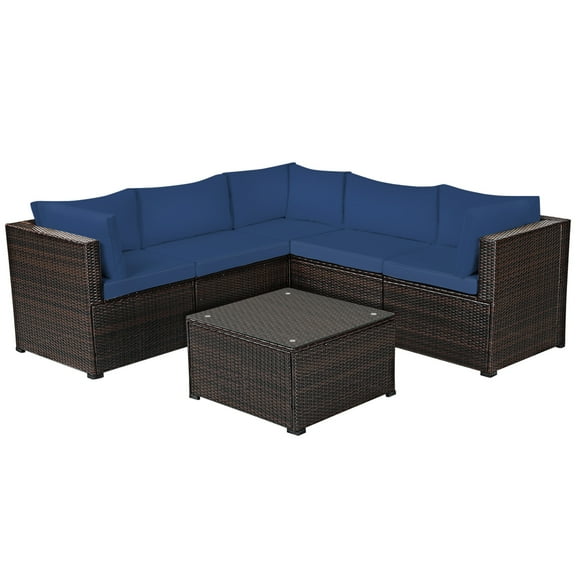Patiojoy 6 PCS Patio Rattan Furniture Set Outdoor Wicker Conversation Sofa Set w/Tempered Glass Coffee Table Navy