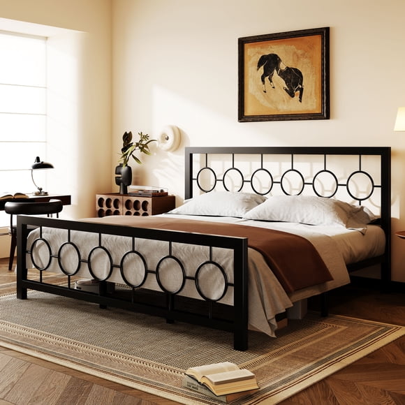 Amolife Cadre de Lit Plateforme en Métal Noir Grand Lit avec Tête et Pied de Lit Vintage Circulaires