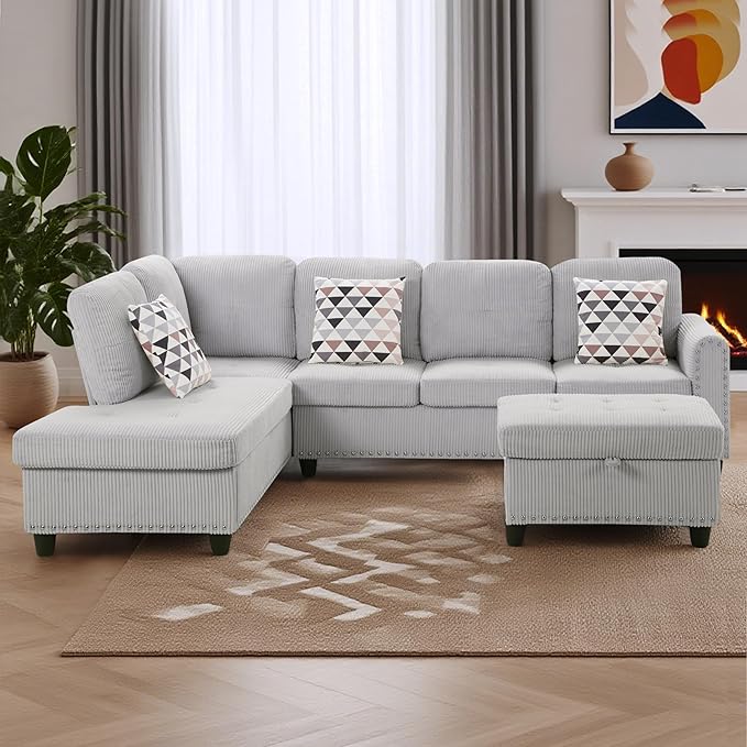 Gewnee 6 Seaters 94.49”L-Shaped Modular Sectional Sofa Couch ,Corduroy Fabric 2 Built-in Cup Holders with Storage Ottoman for Living Room
