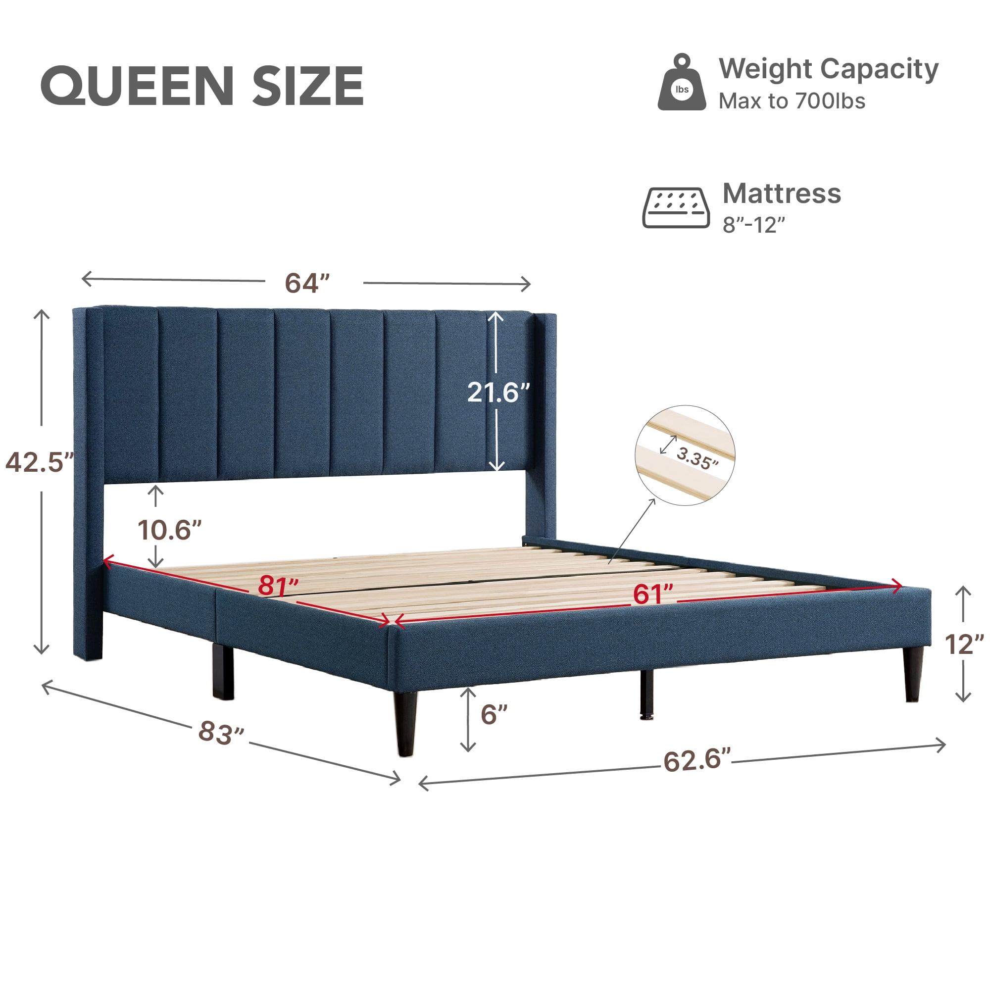 Spruce & Spring Upholstered Platform Bed Frame with Wingback Headboard Queen