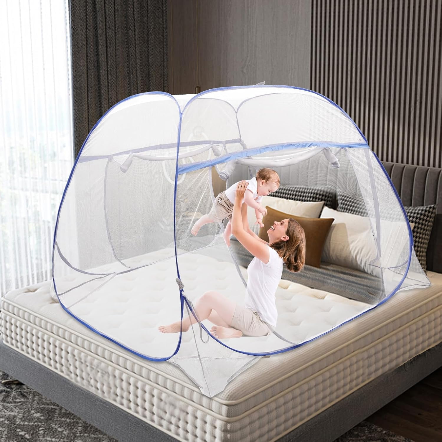 Blue Bed Canopy & Mosquito Net for Queen Size Beds, 5 Steel Wire Frame with U-Shaped Triple Door, Baby Safety Enclosure Indoor Canopy for Family Protection