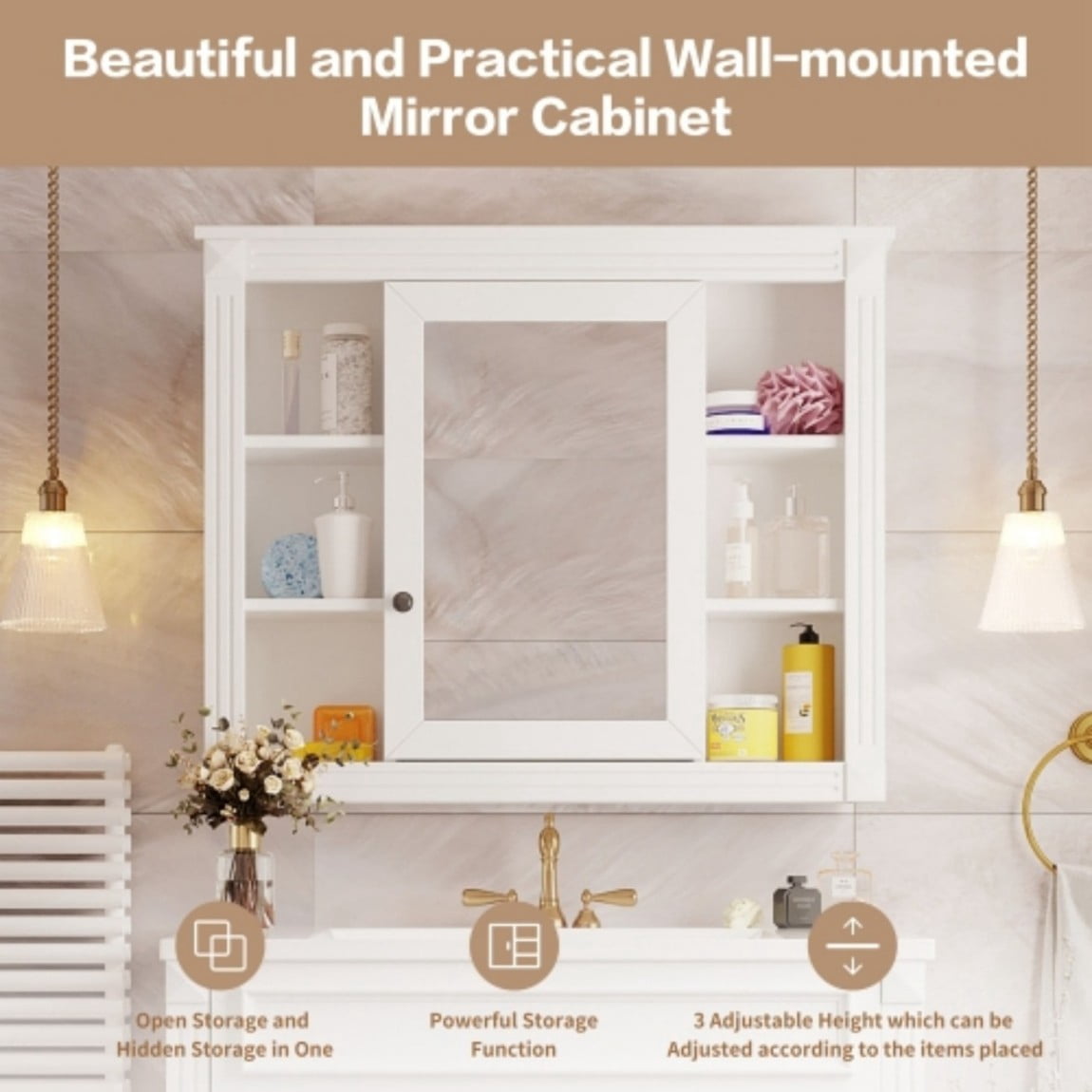 35"x 28" Wall Mounted Bathroom Medicine Cabinet with Mirror, Adjustable Shelves, Open Storage, Towel Bar, MDF Bathroom Storage Cabinet, White