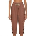 thumbnail image 4 of Linen Pedal Pushers for Women Lightweight Summer Side Buttons Linen Capri Pants Casual Elastic Waist Gauze Pants Coffee M, 4 of 5