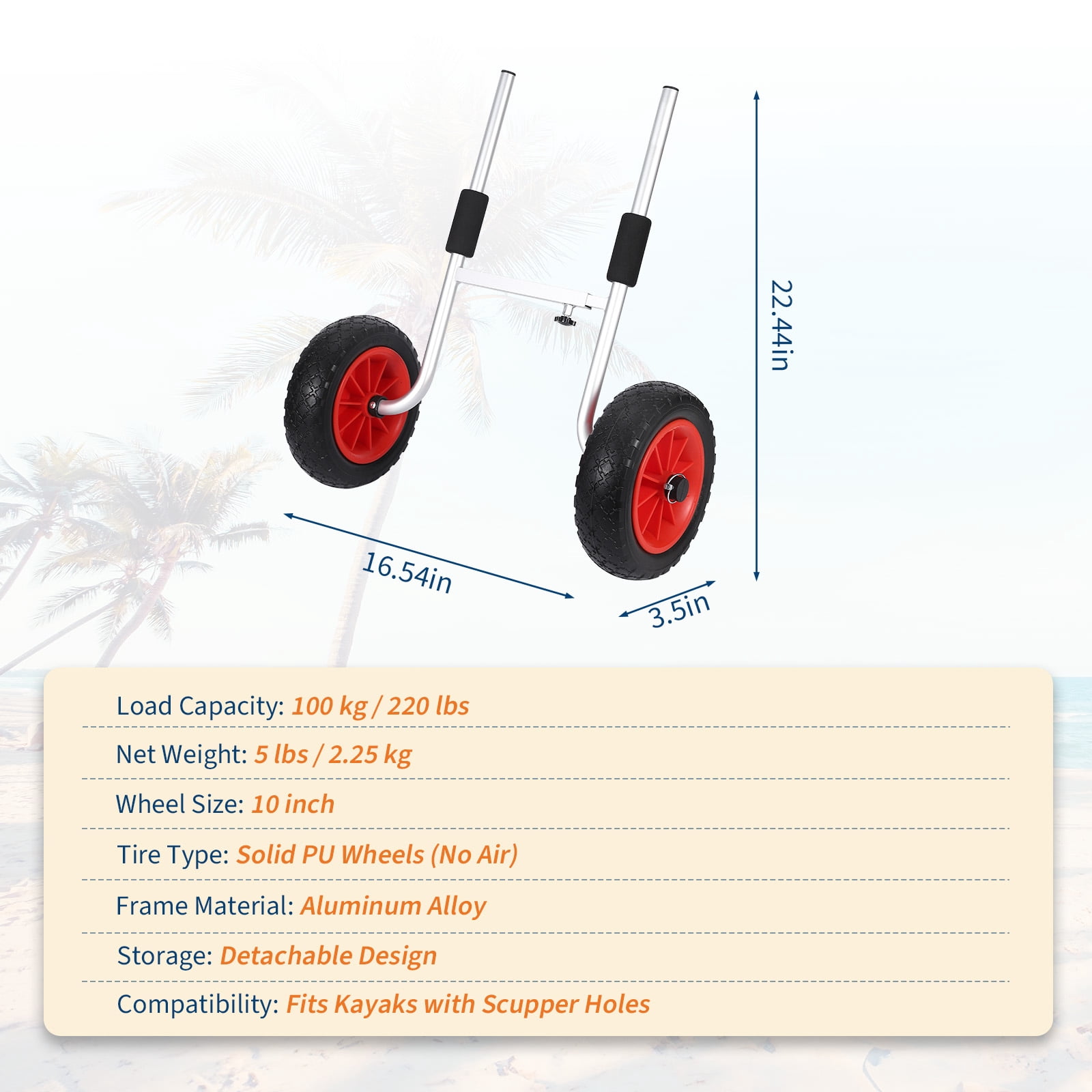 Adjustable Kayak Trolley for Beach, 220 lbs Load, 10" Solid PU Tires, Foam Pads Included