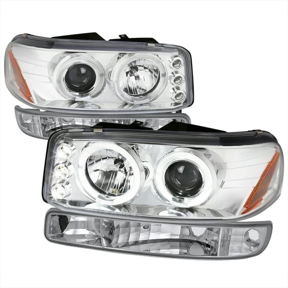 Dual Halo Projector Headlights & Bumper Lights (Chrome Housing/Clear Lens) Made for and Compatible with 1999-2006 GMC Sierra/Yukon XL/SLT